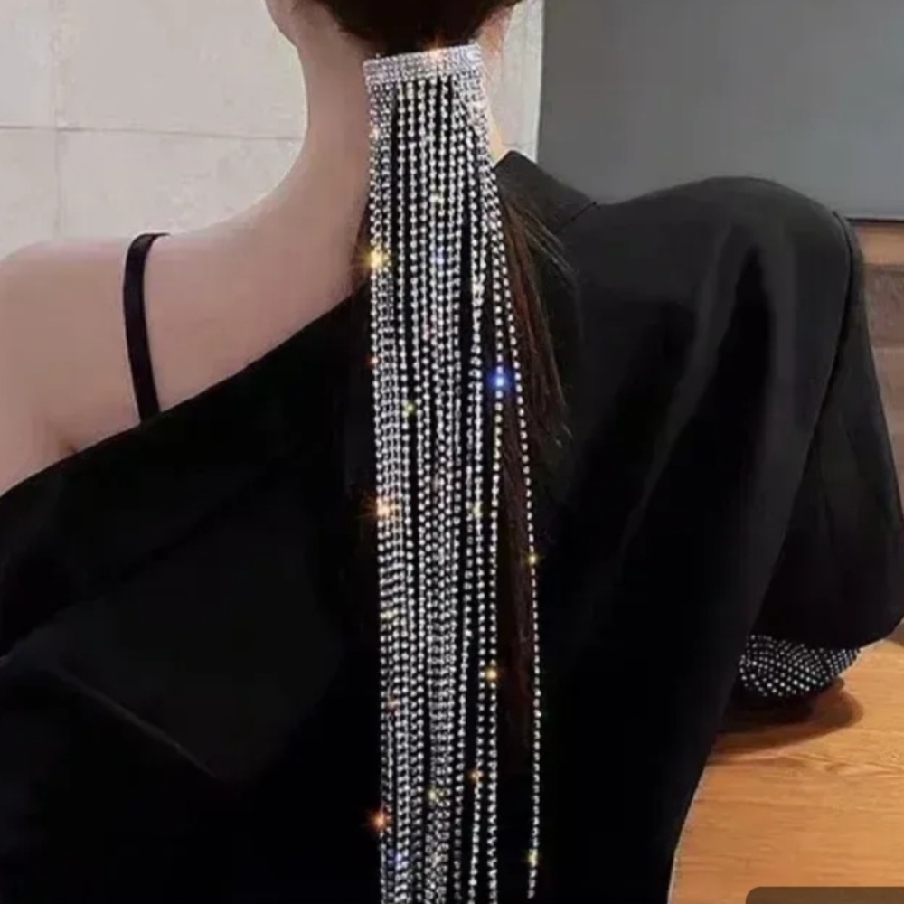Silver Rhinestone Tassel Hair Clip Glamorous - Picture 9 of 14